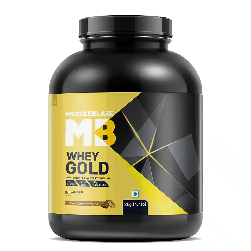 MuscleBlaze-Whey-Gold-100-Whey-Protein-Isolate-4.webp MuscleBlaze Whey Gold 100% Whey Protein Isolate 2 kg (4.4 lb) Mocha Cappuccino - Image 1