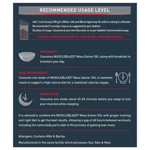 MuscleBlaze Mass Gainer XXL with Complex Carbs and Proteins in 3:1 ratio, 5 kg (11 lb), Chocolate - Image 4