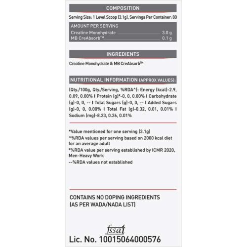 MuscleBlaze Creatine Monohydrate CreAMP 250 g (0.55 lb) Unflavored - Image 5