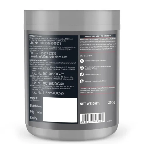 MuscleBlaze Creatine Monohydrate CreAMP 250 g (0.55 lb) Unflavored - Image 2